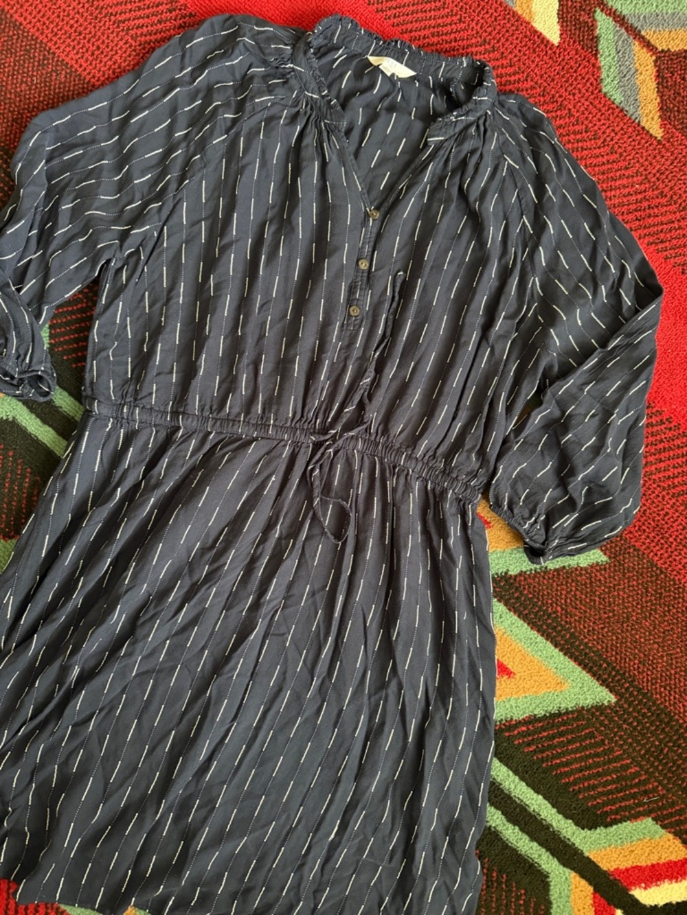 Navy Blue Button-Front Drawstring Waist Dress